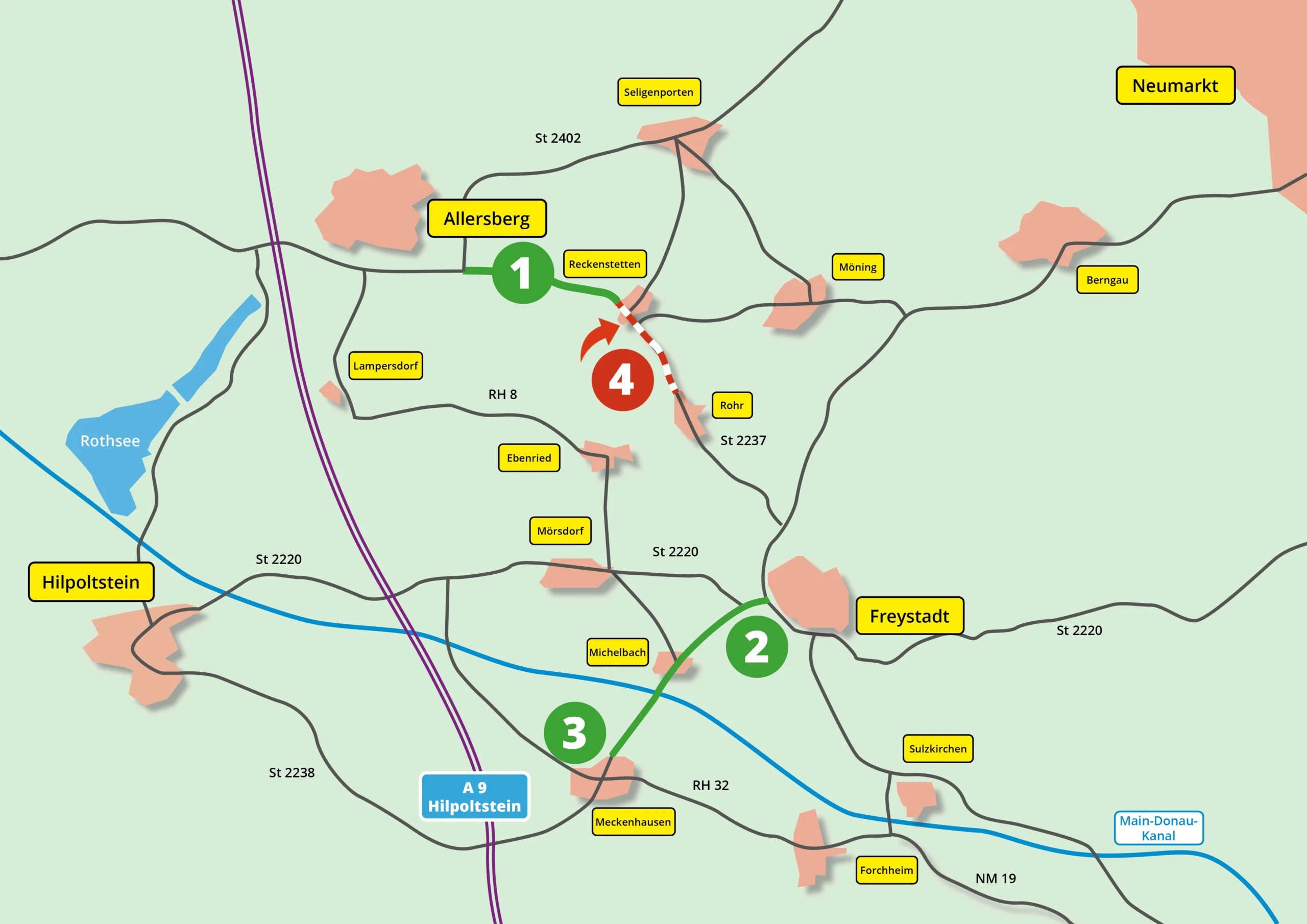 Reckenstetten 4 Abschnitte ohne Legende Kopie Karte der Straßen und Städte, vier markierte Punkte im Zusammenhang mit der Entwicklung des Straßenbaus.